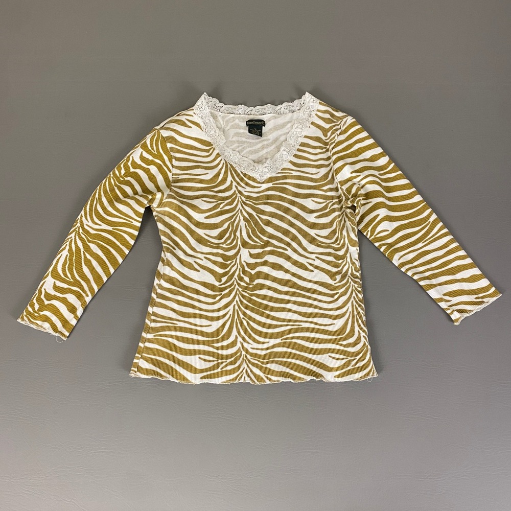Harvé‎ Benard Zebra Print Top Women's L Long Sleeve V Neck Lace Trim Ribbed Knit